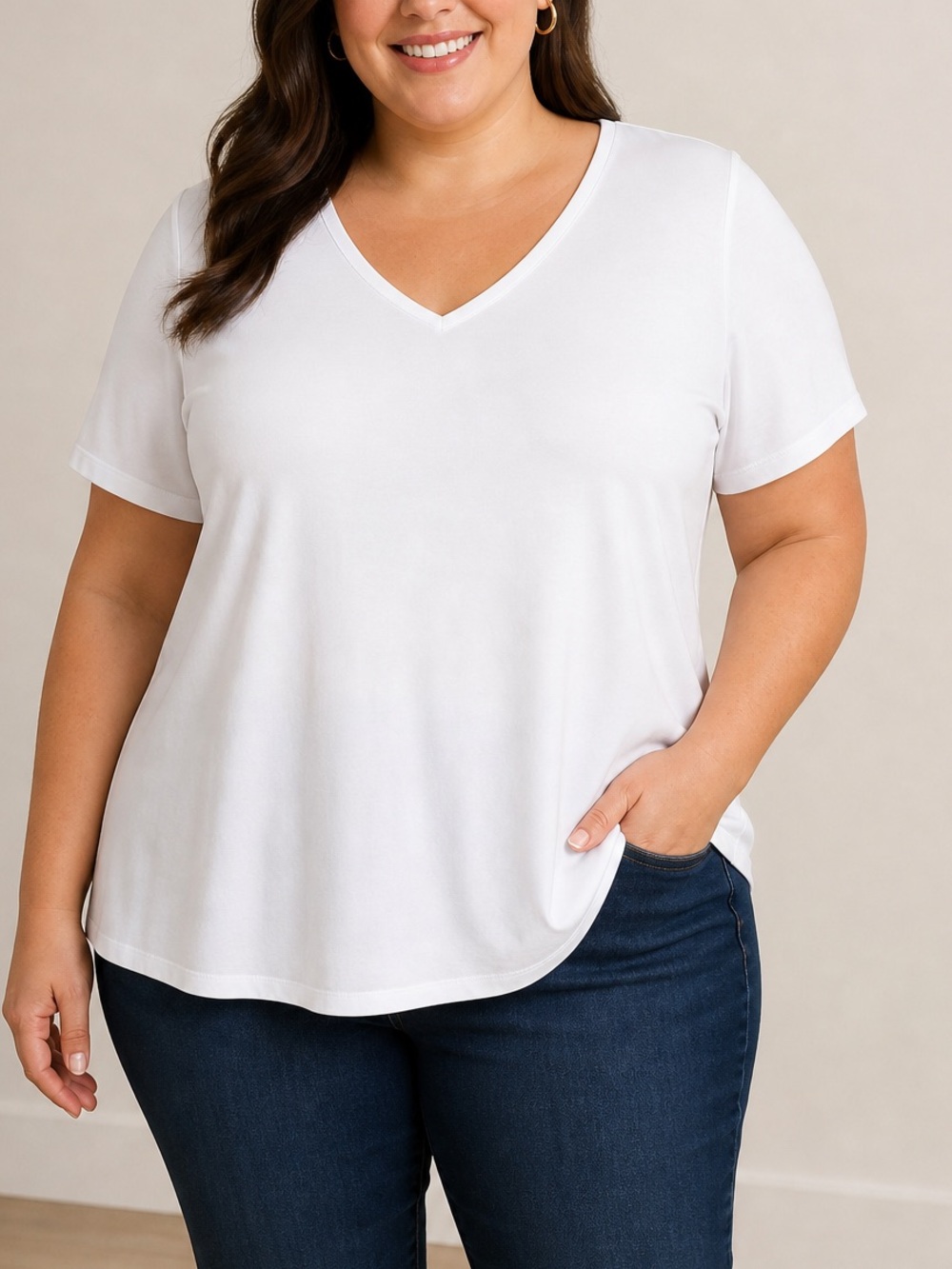 Susan Graver White V-Neck Top 1XP Stretch Short Sleeve Minimalist V-Neck‎ Blouse